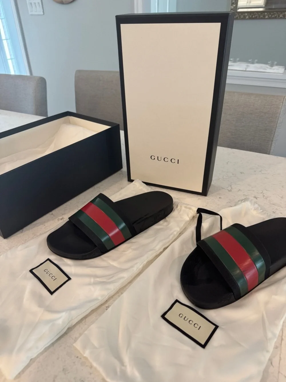 Gucci Black Slides with Red and Green Web Stripe - Picture 1 of 3